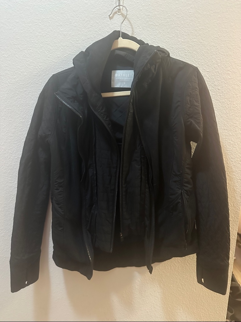 Athleta hooded black fleece double zip up jacket